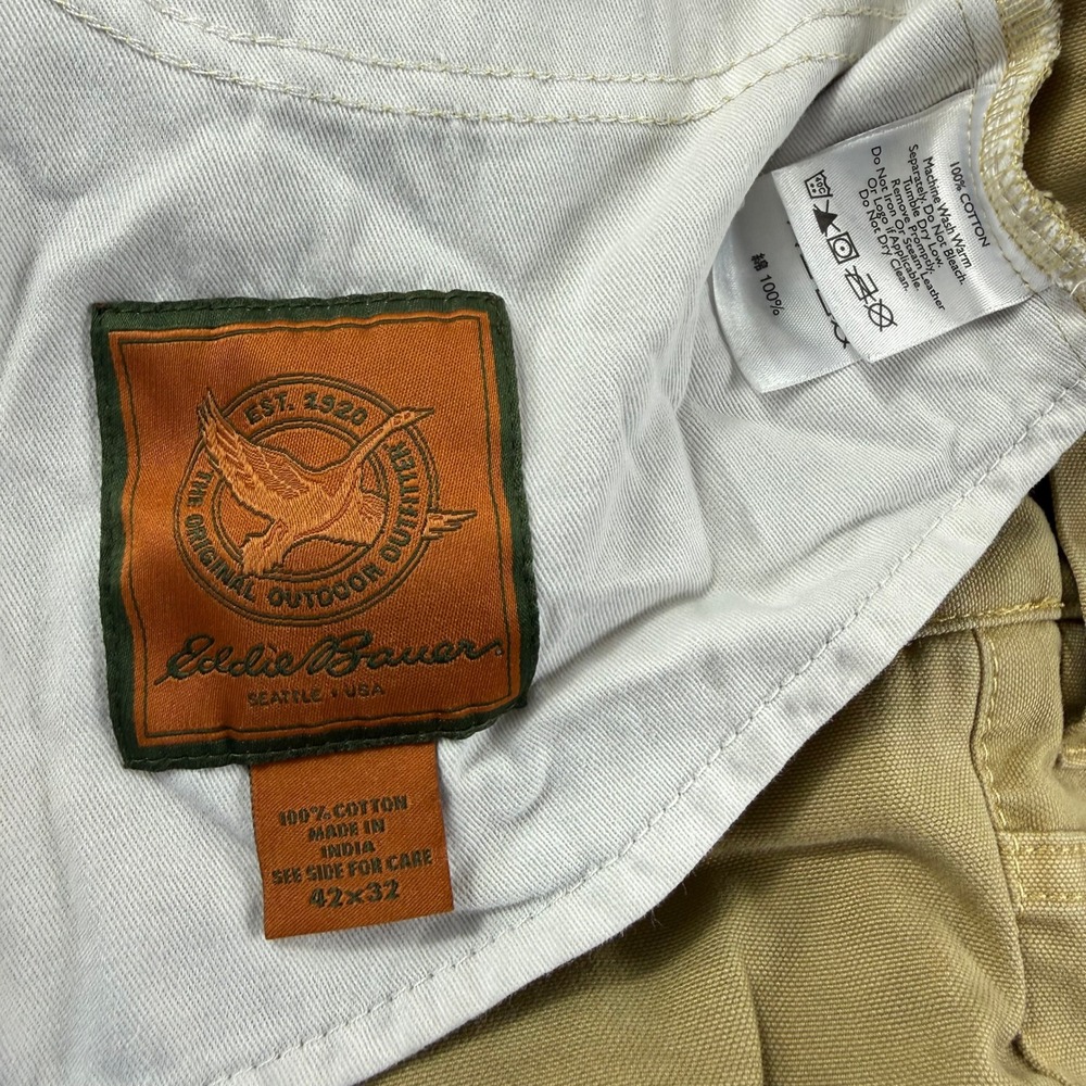 Eddie Bauer Mens 42x32 Khaki Tan Cotton Canvas Leather Trim Straight Leg Pants - Picture 8 of 13